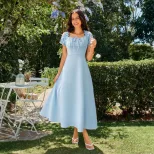 Womens Elegant Solid Color Midi Dress Square Neck Tie Waist A Line Silhouette Summer Casual Wear