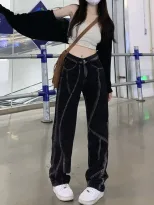 美式高街牛仔裤女2023春季新款分割线直筒宽松阔腿垂感拖地长裤潮