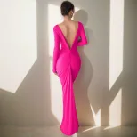 French Style Long Sleeve Deep V Neck Ruched Bodycon Dress Versatile Two Way Wear High Waist Eleg