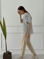 Striped Split Hem T Shirt for Women Loose Fit Short Sleeve Summer Style Casual Wear Wholesale Av