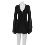 Summer Womens Dress Deep V Neck Ruffled Hem Long Sleeve Slim Fit Casual Party or Night Out Whole