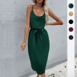 Summer Womens Solid Color Bodycon Dress with Slit Sleeveless Stylish Comfortable Perfect for Par