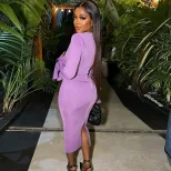 Fashionable Long Sleeve A Line Dress Round Neck Solid Color Midi Length Side Slit Irregular Hem