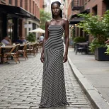 Womens Summer Dress French Style Striped Halter Neck Long Dress Sexy Backless Design