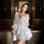 Womens Early Autumn Fashion Dress Solid Color Puff Sleeves Slim Fit Chiffon Fabric French Style