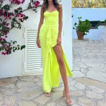 Womens Halter Neck Dress Slim Fit Ruffle Trim Pleated Side Slit Elegant Long Dress for Parties a