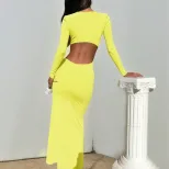 V Neck Long Sleeve Bodycon Dress Ruffle Hem Hollow Out Side Slit Slim Fit Evening Party Wear Who