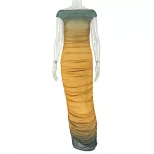 Color Block Gradient Ruched Bodycon Dress Elegant Long Silhouette Round Neck Slim Fit Perfect fo