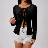 Womens Sexy Tie Front Cardigan T Shirt Elegant Design Spring Summer Style Vivid Fuchsia Color Wh