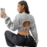 High Waisted Cropped Sweatshirt Drawstring Waist Loose Fit Long Sleeve Casual Style Wholesale Av