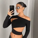 Womens Irregular Asymmetrical Neck Y2K Long Sleeve T Shirt Trendy European and American Style Sp
