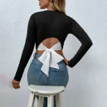 Womens Color Block Long Sleeve T Shirt Round Neck Slim Fit Casual Style Perfect for Everyday Wea
