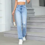 High Waisted Loose Fit Distressed Straight Leg Jeans Casual Style Perfect for Everyday Wear Whol