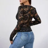 Lace Waist Black V Neck Top for Women Elegant Fit Long Sleeve Autumn Fashion