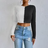 Color Blocked Waffle Knit Long Sleeve T Shirt Exposed Stitching Short Length Versatile Style Aut