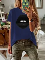 Plus Size Womens Black Short Sleeve T Shirt Lips Print Round Neck Fitted Style Casual Wear Whole