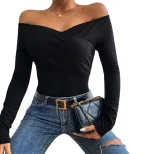 Slim Fit Long Sleeve Knit T Shirt Off Shoulder Neckline Elegant Style Comfortable Fabric Perfect