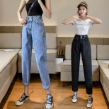 跨境牛仔裤女2023春夏新款学生韩版高腰百搭显瘦九分哈伦老爹裤潮