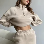 Womens Casual Solid Color Cotton Hoodie Set Zipper Fleece Lined Loose Fit Ideal for Sports and E