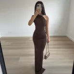 Elegant Womens Bodycon Dress Solid Color Asymmetrical Shoulder Sleeveless Ruched Design Spring S