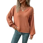 Womens Lantern Sleeve Sweater Solid Color Retro Style Autumn Winter Casual Wear