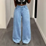 Wide Leg High Waisted Denim Trousers Vintage Style Loose Fit Versatile Design Casual Wear for Wo