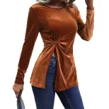 Long Sleeve Velvet T Shirt Irregular Split Hem Elegant Sexy Autumn Winter Womens Fashion Wholesa