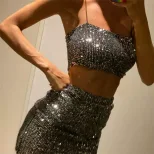 Sequined Crop Top and Skirt Set Strapless Bodycon Fit Sexy Style Perfect for Parties and Night O