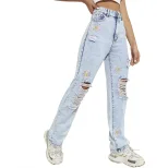 Slim Fit Ripped Straight Leg Jeans Womens Trendy Denim Casual Wear for Spring Summer Wholesale A