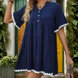 V Neck Solid Color Dress with Ruffled Hem for Beach Vacation Casual Wear in Blue Available in S to XL Wholesale