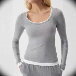 Womens Long Sleeve Color Block T Shirt Slim Fit U Neck Modal Knit Fabric Casual Wear for Spring