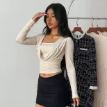 Y2K Style Short Knit Top Slim Fit Flowy Neckline Long Sleeve Spring Summer Casual Wear Wholesale