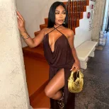 Chic Womens Dress Solid Color Asymmetrical Hem Deep V Neck Halter Neck Bodycon Style Perfect for