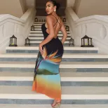 Elegant Abstract Print Maxi Dress Sexy Backless Mid Waist Bodycon Fit Perfect for Parties and Sp