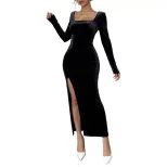 Velvet Maxi Dress High Waist Sexy Split Long Sleeve Square Neck Spring Summer Fashion Wholesale