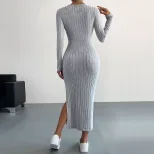 Chic Midi Bodycon Dress Slim Fit Side Slit Comfortable Fabric Spring Summer Casual Wear for Peti