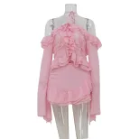 Off Shoulder Long Sleeve Top and Ruffled Hem Skirt Set Elegant Style Summer Fashion for Women Wh