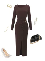 Slim Fit Knitted Dress for Women Deep Brown Color Asymmetrical Neckline Metal Ring Detail Side S