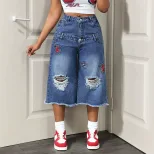 Womens Distressed Denim Capris Casual Summer Style Blue Color Available in S to XL Wholesale Supply