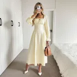 Womens A Line Long Sleeve Dress Square Neck Tie Waist Pleated Flattering Fit Elegant Casual Wear