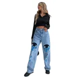 High Waisted Straight Leg Jeans Fashionable Print Trendy Style Casual Wear Wholesale Availabilit