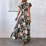 Summer Floral Maxi Dress Mid Length Split Design Lightweight Fabric Beach Vacation Wear Wholesal