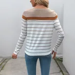 Vintage Striped Long Sleeve T Shirt for Women Simple Design Autumn Fashion Versatile Layering Wh