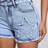 Casual Womens Denim Shorts Star Print Frayed Hem Stylish Design Summer Wear Wholesale Available