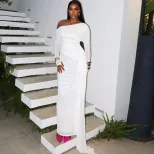 Elegant Womens Dress Solid Color Off Shoulder Long Sleeve Mesh Panel Fashionable for Parties or