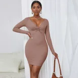 Fashionable Womens Long Sleeve Bodycon Dress Solid Color Deep V Neck Twist Detail Perfect for Pa