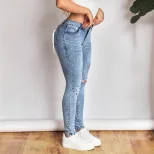 High Elasticity Skinny Jeans for Women Versatile Ripped Design Casual Wear Wholesale Available