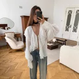 Chiffon Cardigan Top Ruffled Hem Lantern Sleeves Stylish Elegant Autumn Fashion for Women Wholes