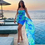 Off Shoulder Ruched Bodycon Dress Floral Print Color Block Vacation Style Wholesale Womens Fashi
