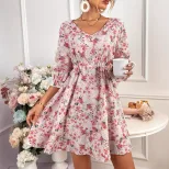 Floral Print Womens Dress Spring Ruffled Trim Tie Waist Color Block Design Casual Wear Wholesale
